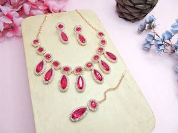Pink designer premium festive wear necklace set 2