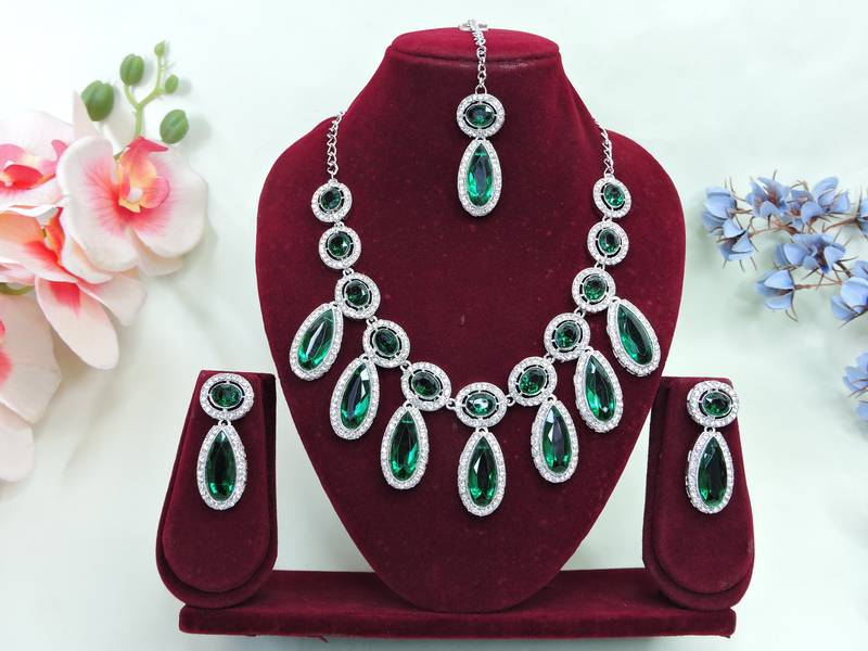 Green designer premium festive wear necklace set