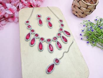 Pink designer premium festive wear necklace set 2