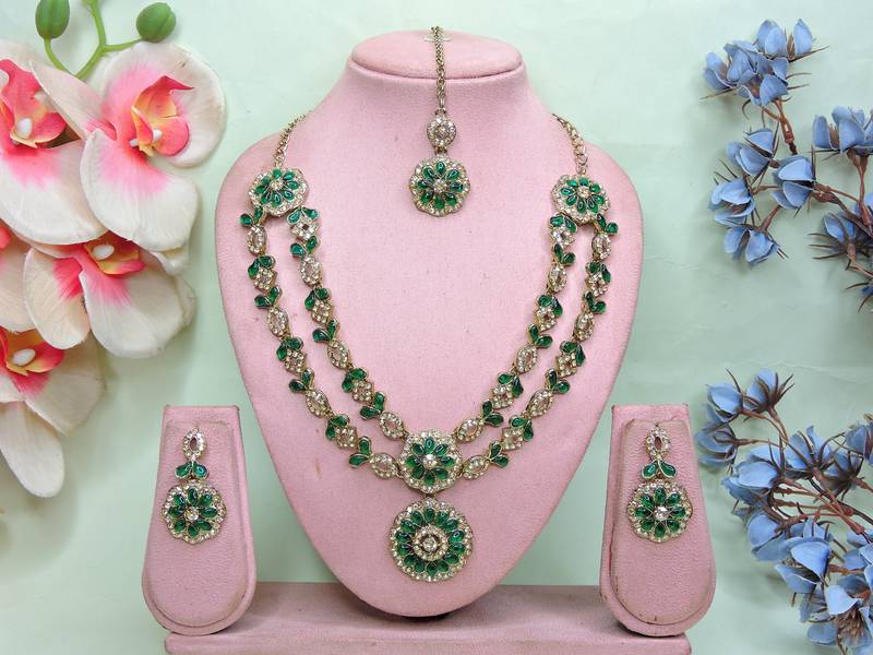 Green designer premium festive wear necklace set