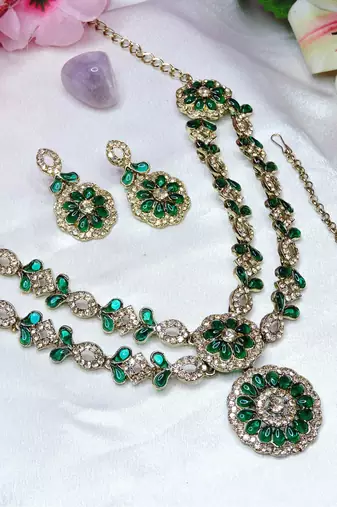 Green designer premium festive wear necklace set