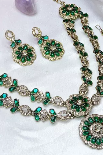 Green designer premium festive wear necklace set