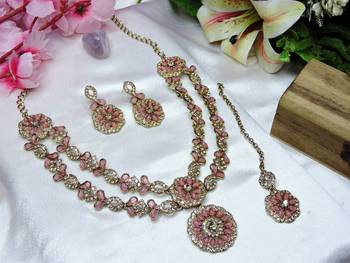 Pink designer premium festive wear necklace set 2