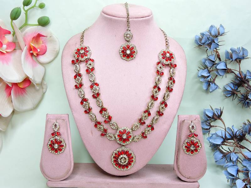 Red designer premium festive wear necklace set