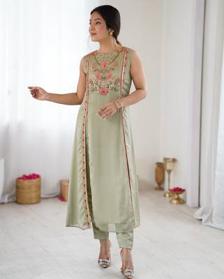 Sage green floral embroidered georgette straight kurta set for women with sequin work 1