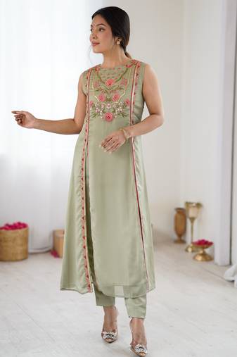 Sage green floral embroidered georgette straight kurta set for women with sequin work