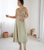 Sage green floral embroidered georgette straight kurta set for women with sequin work