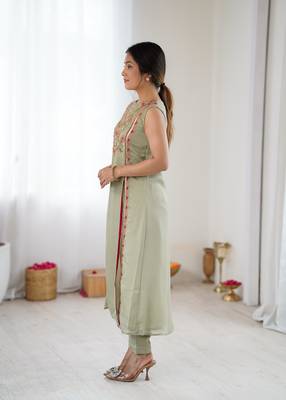 Sage green floral embroidered georgette straight kurta set for women with sequin work 2