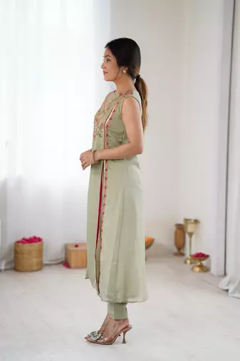 Sage green floral embroidered georgette straight kurta set for women with sequin work