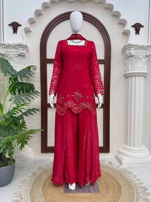 Rani color fendy silk blend embroidered kurta palazzo set with dupatta 2