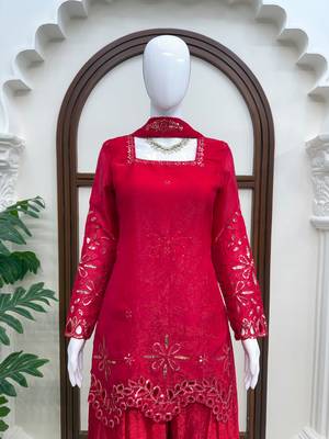 Rani color fendy silk blend embroidered kurta palazzo set with dupatta 4