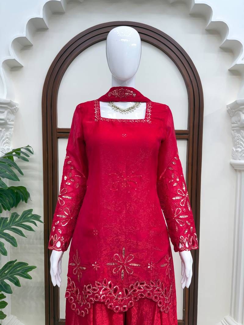 Rani color fendy silk blend embroidered kurta palazzo set with dupatta