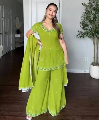 Green fox georgette embroidered sharara suit set with dupatta 1