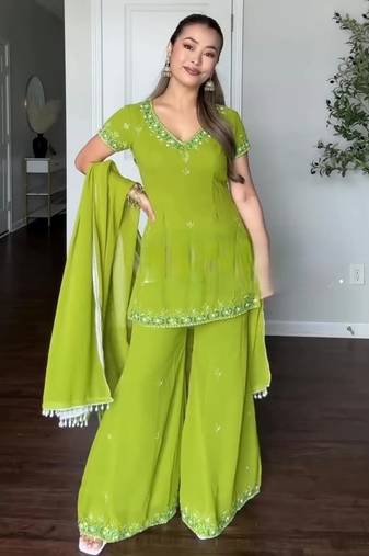 Green fox georgette embroidered sharara suit set with dupatta