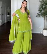Green fox georgette embroidered sharara suit set with dupatta