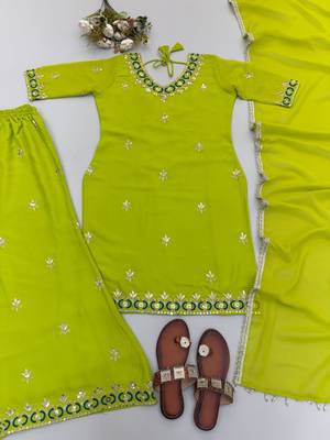 Green fox georgette embroidered sharara suit set with dupatta 2