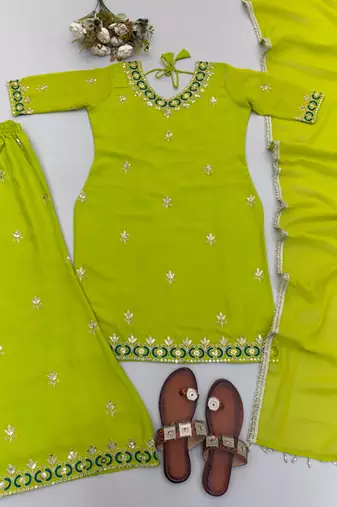 Green fox georgette embroidered sharara suit set with dupatta