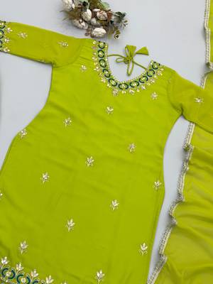 Green fox georgette embroidered sharara suit set with dupatta 3