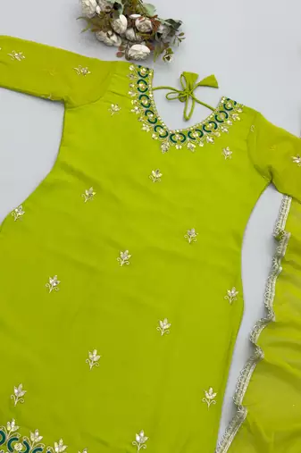 Green fox georgette embroidered sharara suit set with dupatta