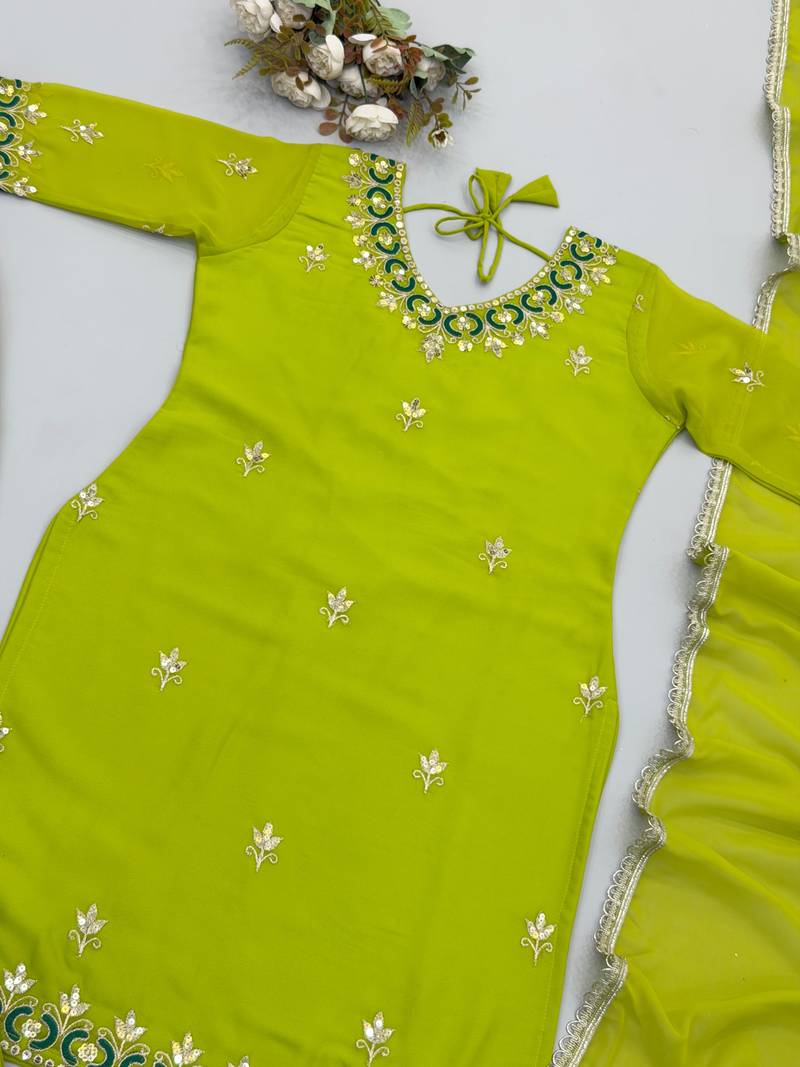 Green fox georgette embroidered sharara suit set with dupatta