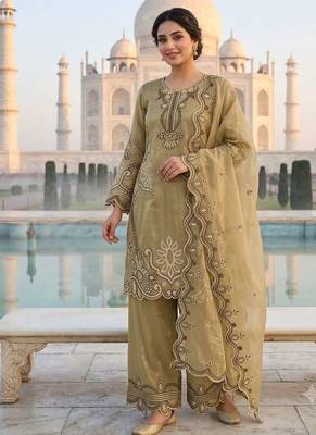 Olive crunchy fabric embroidered kurta palazzo set with dupatta 1