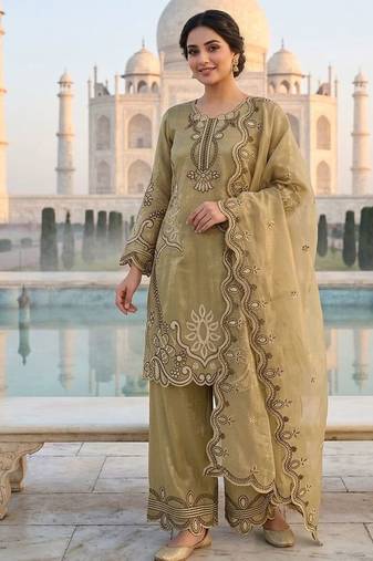 Olive crunchy fabric embroidered kurta palazzo set with dupatta