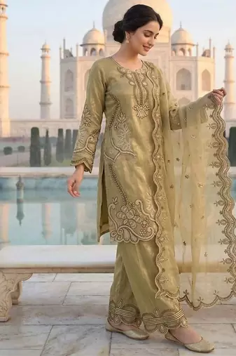 Olive crunchy fabric embroidered kurta palazzo set with dupatta