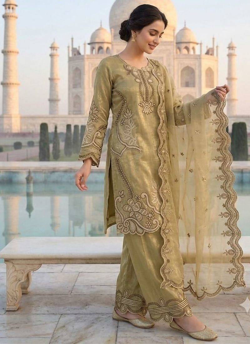 Olive crunchy fabric embroidered kurta palazzo set with dupatta