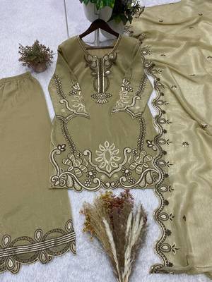 Olive crunchy fabric embroidered kurta palazzo set with dupatta 3