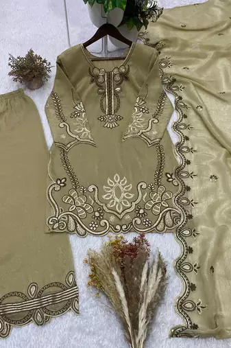 Olive crunchy fabric embroidered kurta palazzo set with dupatta