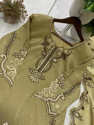 Olive crunchy fabric embroidered kurta palazzo set with dupatta 4