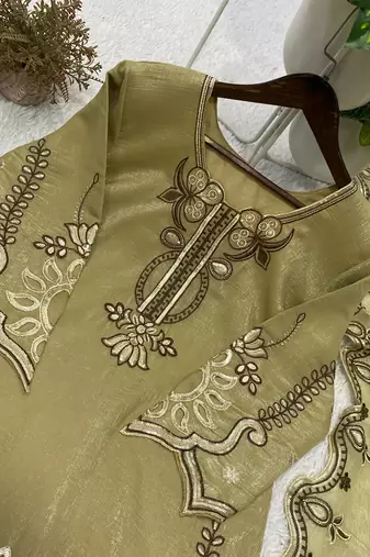 Olive crunchy fabric embroidered kurta palazzo set with dupatta