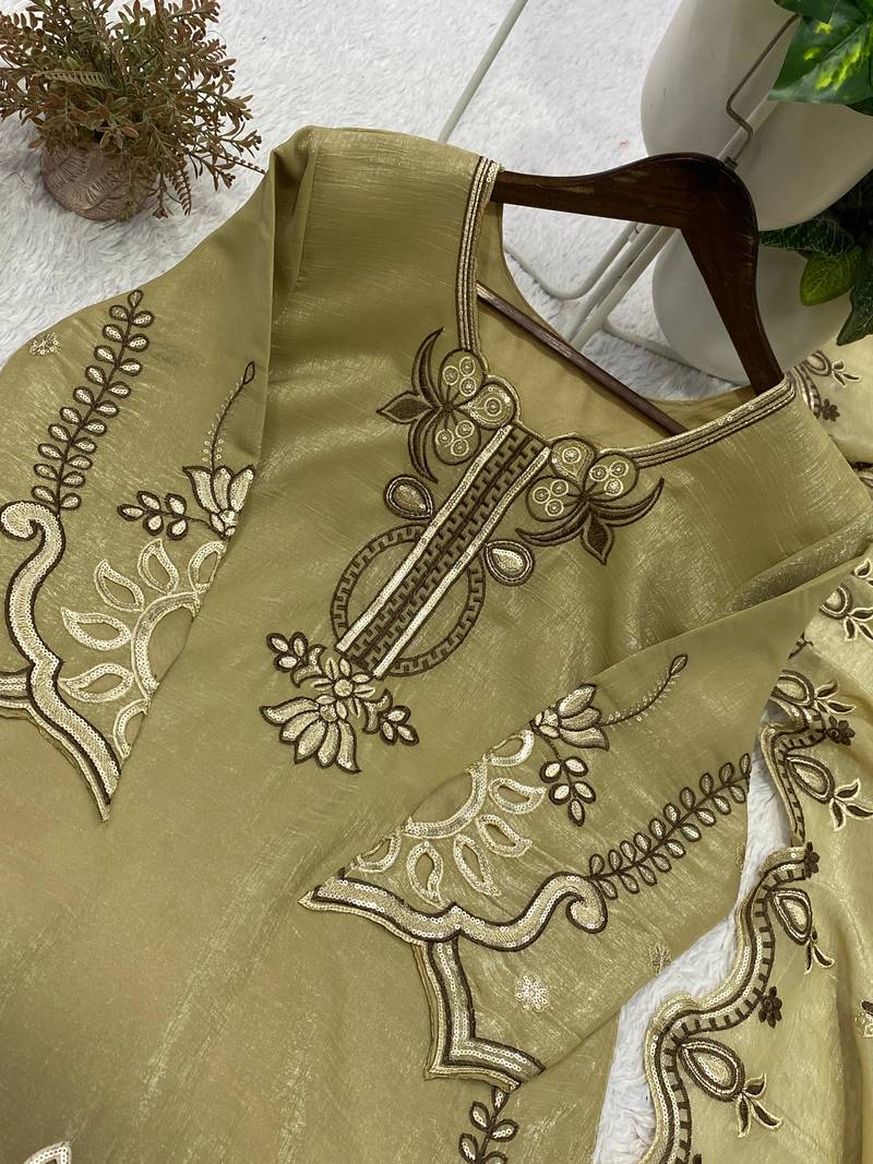 Olive crunchy fabric embroidered kurta palazzo set with dupatta