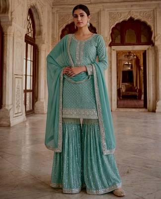Sea green faux georgette embroidered sharara suit set with dupatta 1