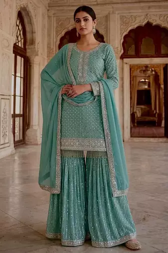 Sea green faux georgette embroidered sharara suit set with dupatta