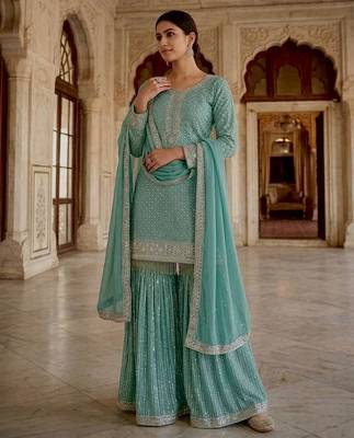 Sea green faux georgette embroidered sharara suit set with dupatta 2