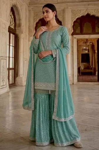 Sea green faux georgette embroidered sharara suit set with dupatta