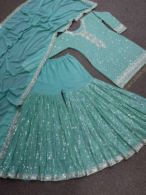 Sea green faux georgette embroidered sharara suit set with dupatta 3