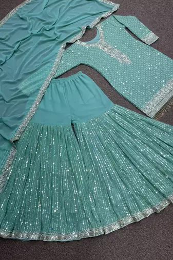 Sea green faux georgette embroidered sharara suit set with dupatta