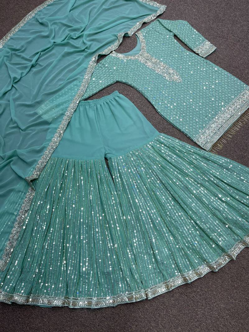 Sea green faux georgette embroidered sharara suit set with dupatta