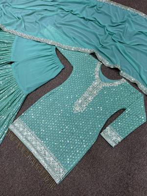 Sea green faux georgette embroidered sharara suit set with dupatta 4