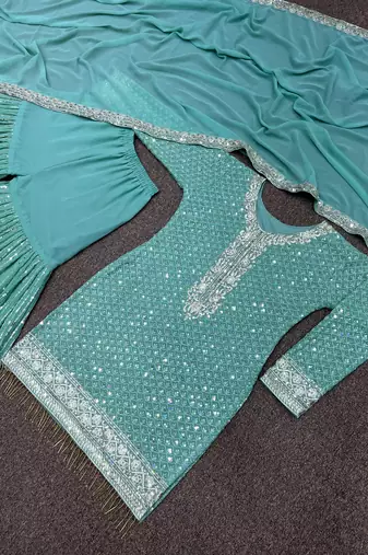 Sea green faux georgette embroidered sharara suit set with dupatta