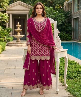 Magenta premium chinon embroidered sharara suit set with dupatta 1