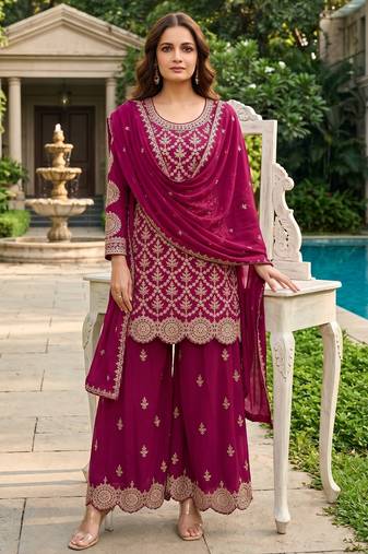 Magenta premium chinon embroidered sharara suit set with dupatta