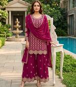 Magenta premium chinon embroidered sharara suit set with dupatta