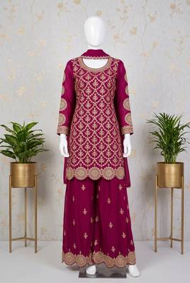 Magenta premium chinon embroidered sharara suit set with dupatta 2