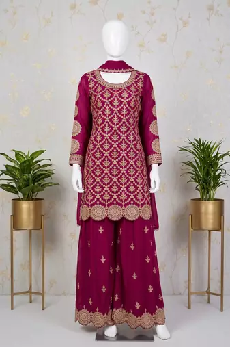 Magenta premium chinon embroidered sharara suit set with dupatta