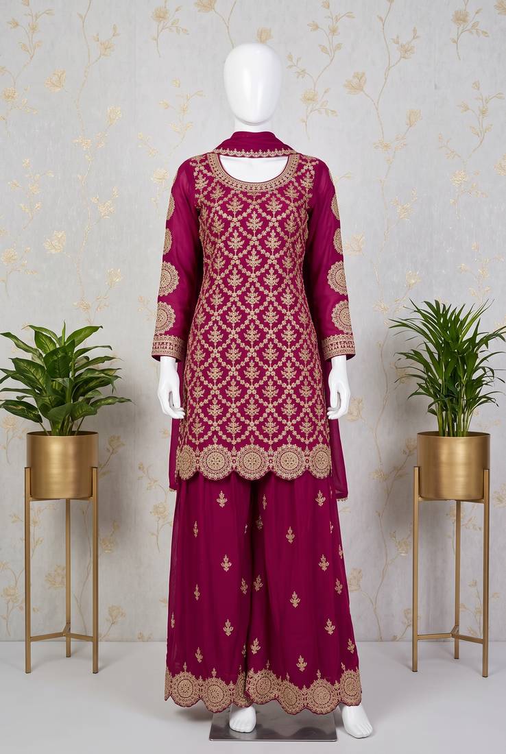 Magenta premium chinon embroidered sharara suit set with dupatta