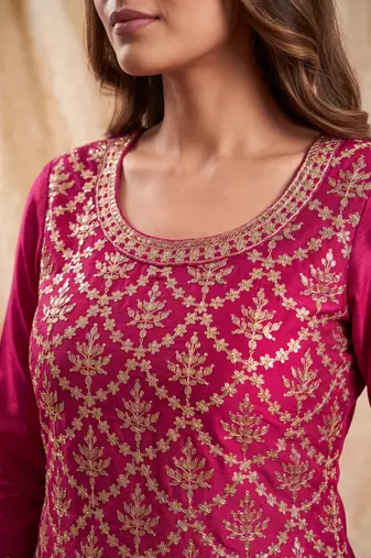 Magenta premium chinon embroidered sharara suit set with dupatta