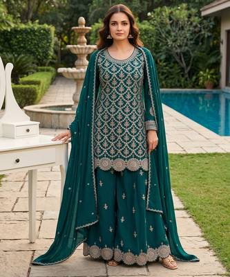 Teal green premium chinon embroidered sharara suit set with dupatta 1